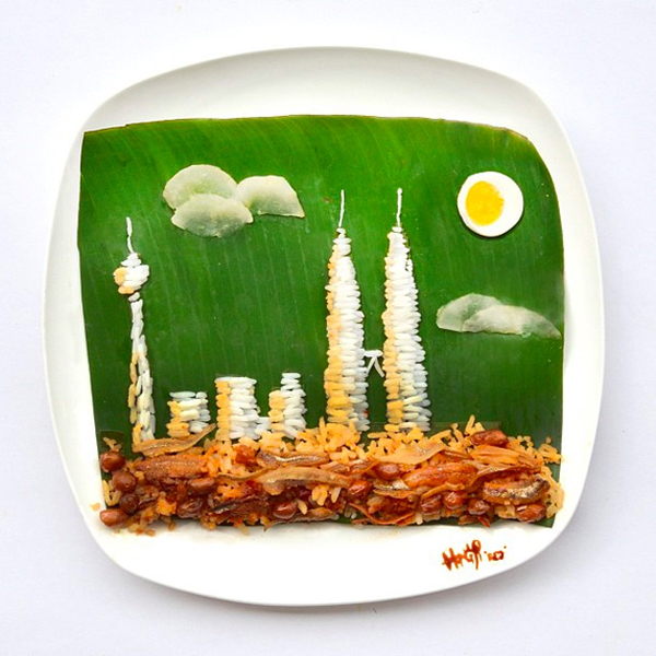 Rice and anchovies on a banana leaf - Hong Yi