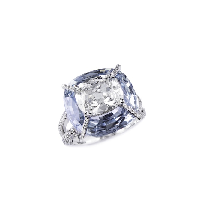 Kissing diamond and sapphire ring